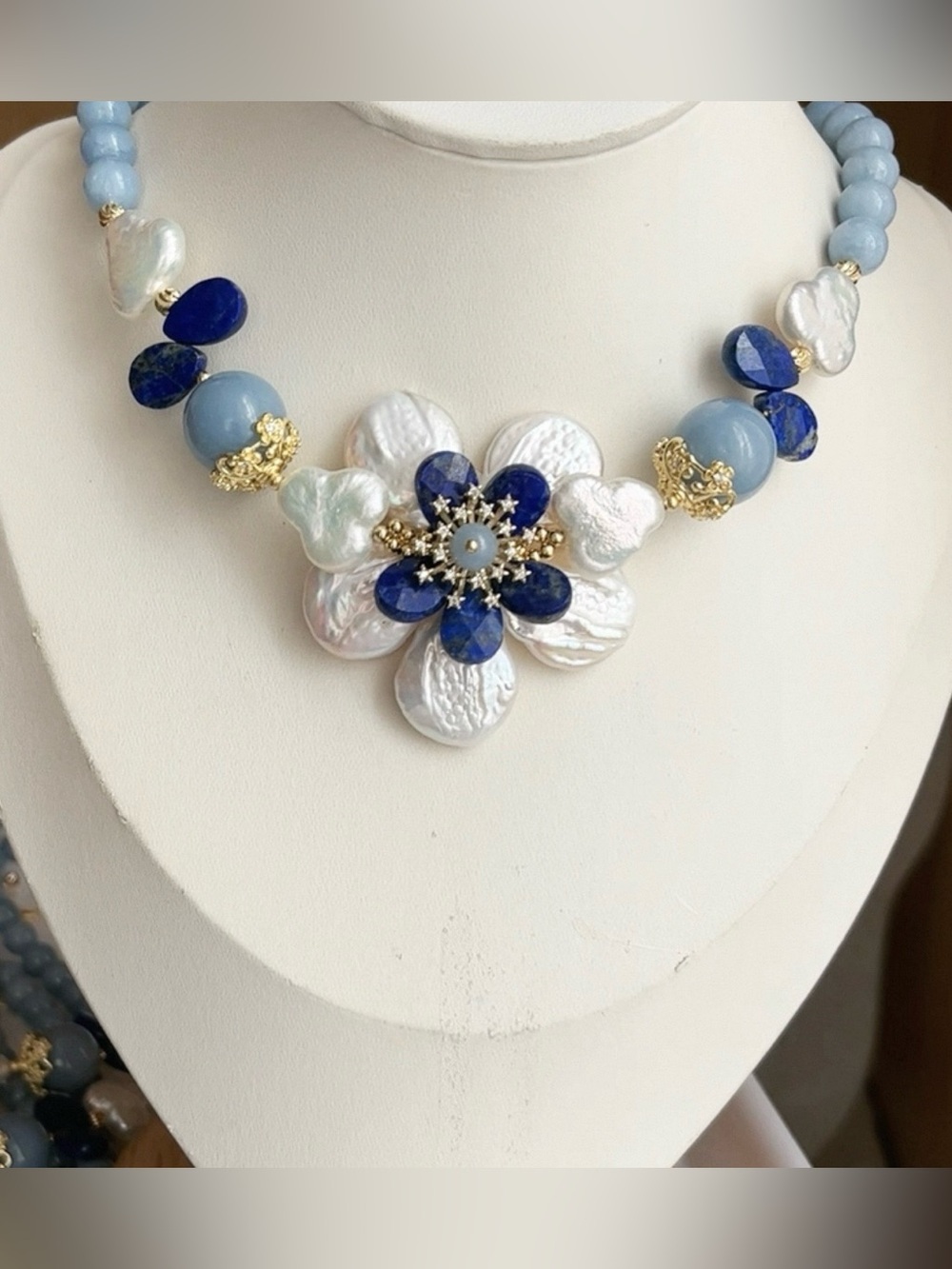 Genuine Freshwater, Lapis & Blue angelite Necklace 16+2 inches.